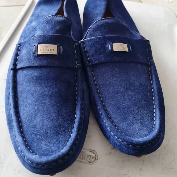 Gucci Men's Blue Suede Driver Loafers Size 12 US - Picture 1 of 11